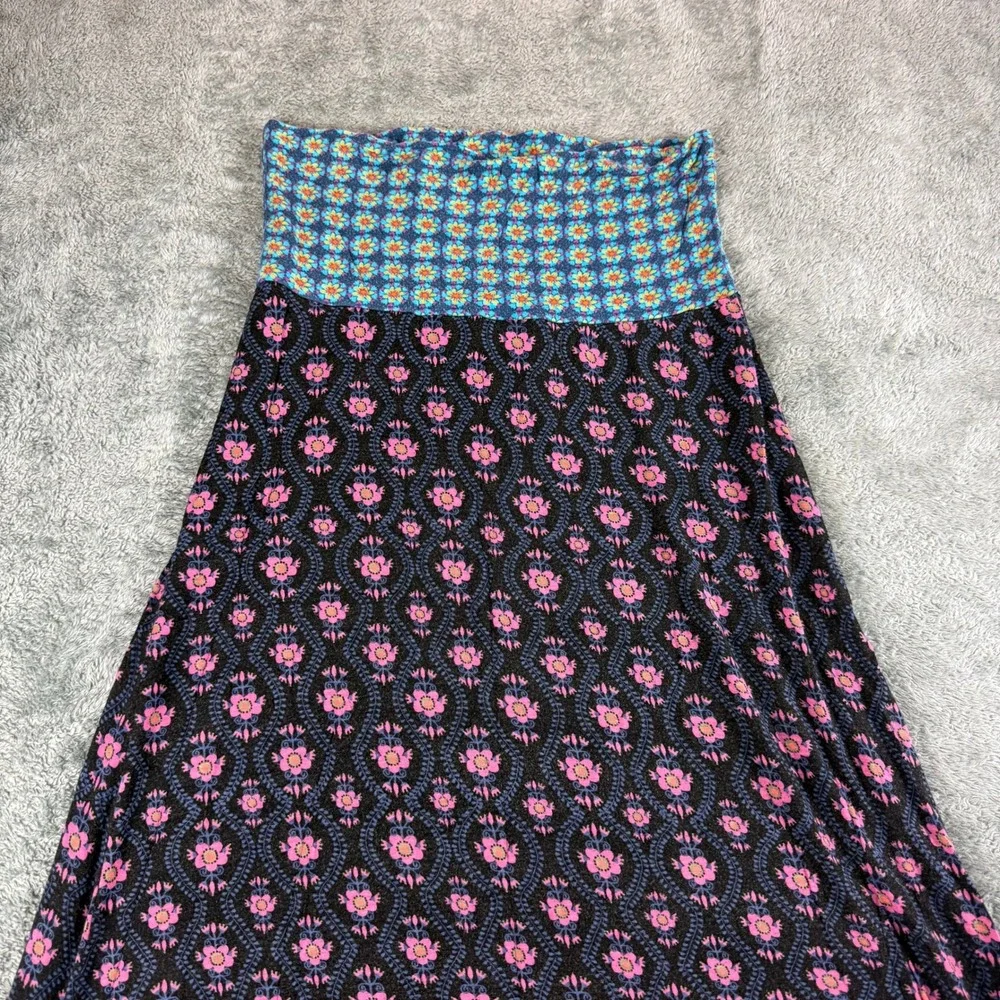Natural Life Floral Maxi Skirt Black Pink Boho Fold Over Waist Stretch Medium